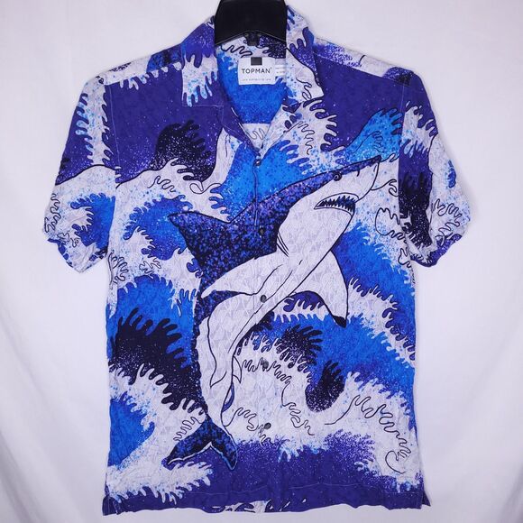Topman Shirt Mens Medium Blue Shark Print - Picture 1 of 11